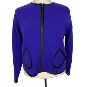 Vintage Doncaster Boiled Wool Jacket M Womens Purple Black Trim Zip Preppy